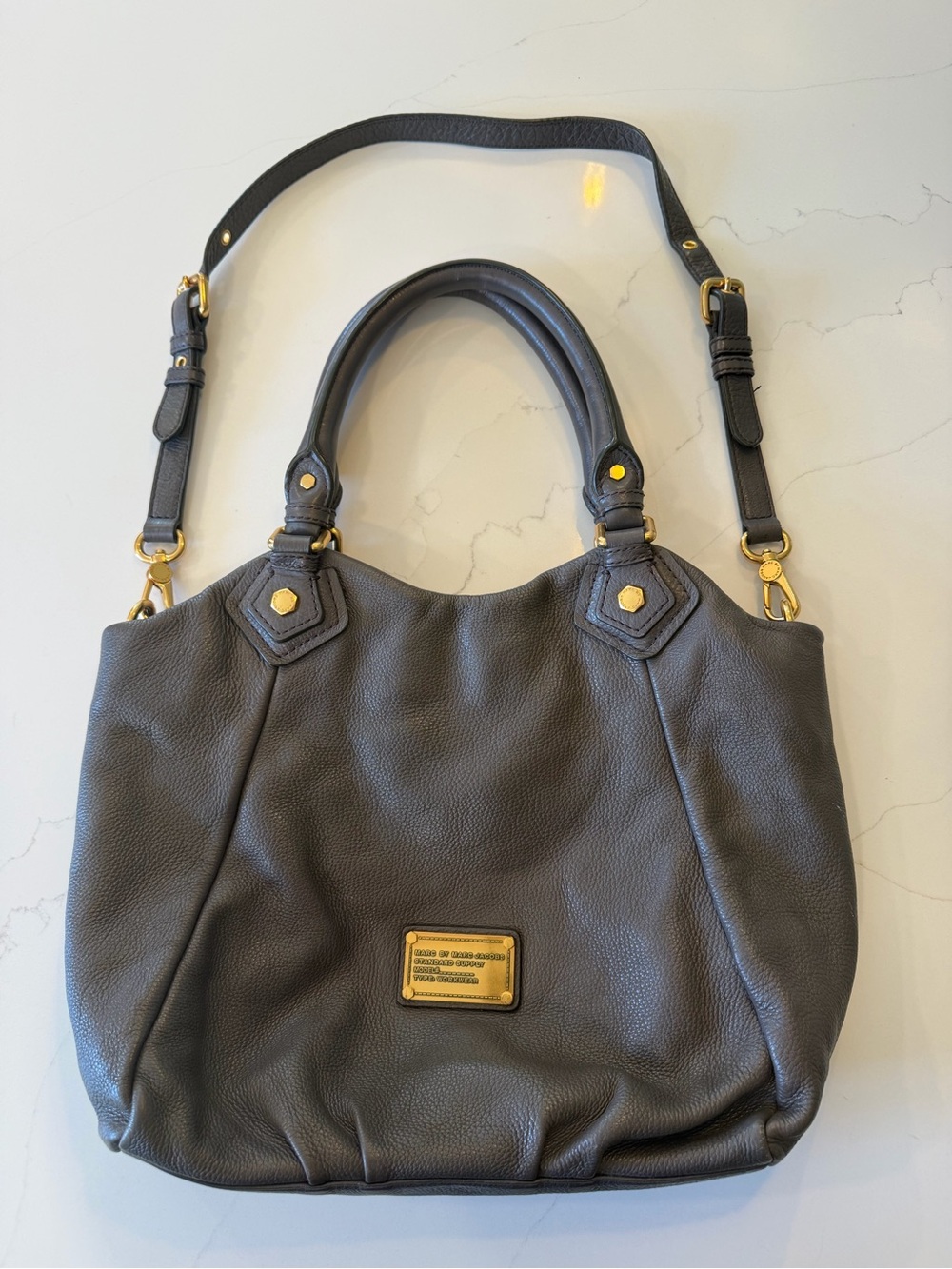 Marc by Marc Jacobs Dark Gray Pebbled Leather Shoulder Bag with Gold Hardware